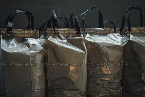 Many shiny shopping bags with black handles resting on dark surface. Стоковое AI-изображение, AI-художник Иван Рябоконь / Фотобанк Лори