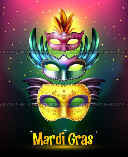 Mardi Gras Carnival Poster. Masquerade background poster with realistic set of glossy carnival masks with wings stellar background and title vector illustration. Стоковая иллюстрация, агентство Ingram Publishing / Фотобанк Лори