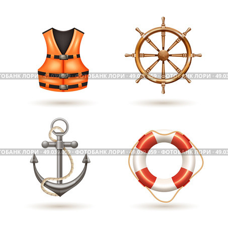 Marine Icons Set . Marine realistic icons set with anchor life buoy life jacket and helm isolated vector illustration . Стоковая иллюстрация, агентство Ingram Publishing / Фотобанк Лори