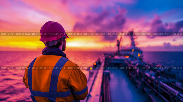 Maritime worker watches sunset aboard ship. Стоковое AI-изображение, AI-художник Данила Большаков / Фотобанк Лори