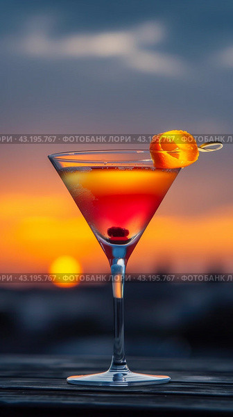 Martini With Orange Garnish on Rim. Стоковое AI-изображение, AI-художник Юлия Гапеенко / Фотобанк Лори