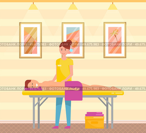 Masseuse working with back of client in spa salon. Heath and body treatment concept. Therapy and relaxation massage, cosmetic procedure performed by specialist. Medical back massage website template. Masseuse working with back of client in spa salon. Heath and body treatment, massage concept. Стоковая иллюстрация, агентство Ingram Publishing / Фотобанк Лори