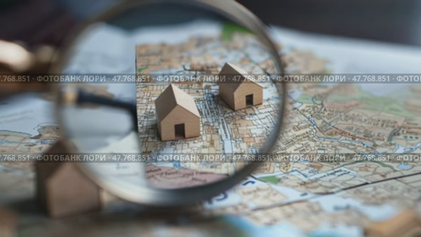 Масштабное исследование: увеличительное стекло показывает крошечные деревянные дома на подробной карте города. Стоковое AI-видео, аниматор ФотоИнтеллект / Фотобанк Лори