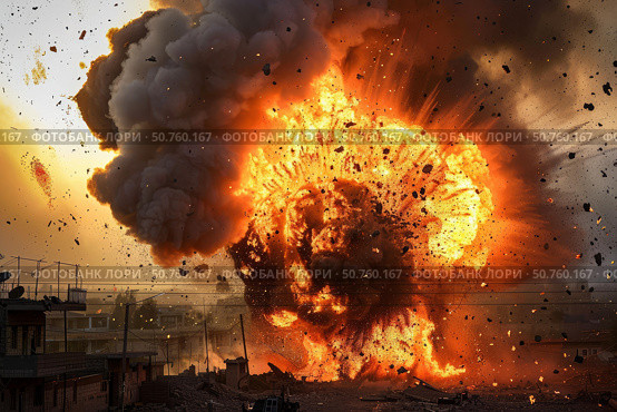 Massive explosion creating fireball and smoke in urban area. Стоковое AI-изображение, AI-художник Иван Рябоконь / Фотобанк Лори
