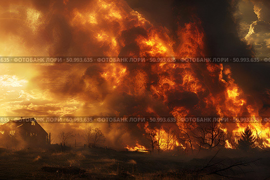 Massive wildfire consuming a rural area at sunset, illustrating the devastating impact of natural disasters. Concept: Aftermath of natural disasters. For educational and news materials. Стоковое AI-изображение, AI-художник Лариса Пономарева / Фотобанк Лори