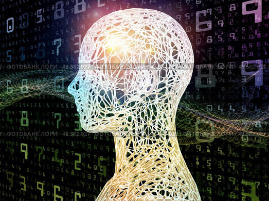 Mathematical Thinking series. 3D Rendering of human topology against background of waves and numbers on the subject of artificial intelligence, technology and education. Стоковое фото, агентство Ingram Publishing / Фотобанк Лори