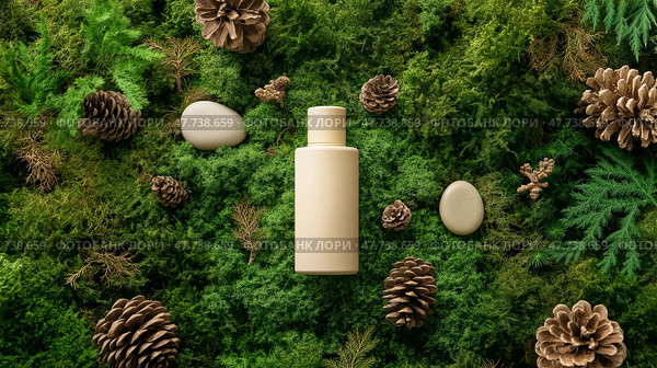 Matte Beige Cosmetic Bottle on Fresh Moss with Pine Cones and River Stones. Матовый бежевый флакон для косметики на свежем мху с сосновыми шишками и речными камнями. Стоковое AI-изображение, AI-художник Katsiaryna Repich / Фотобанк Лори
