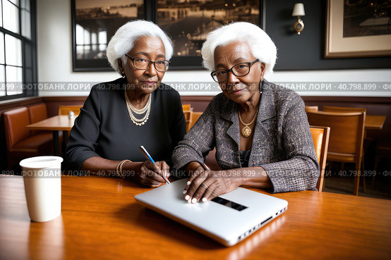 Mature afroamerican women at coffee shop. Portrait of confident mature professional woman sitting in cafe, using laptop computer for work, smiling happily indoors. Generative AI. Стоковое AI-изображение, AI-художник Sergey Grishin / Фотобанк Лори