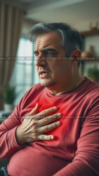 Mature man suffering from chest pain at home. Стоковое AI-видео, аниматор Юрий Поздников / Фотобанк Лори