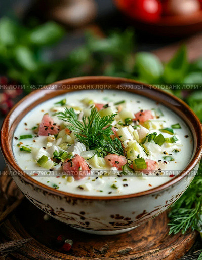May 30 is one of the gastronomic holidays — Okroshka Day. Okroshka is one of the most popular summer dishes, a traditional dish of Russian cuisine. Стоковое AI-изображение, AI-художник Сергей Елизарьев / Фотобанк Лори