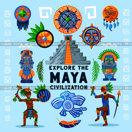 Maya civilization flowchart background composition with text surrounded by ancient idols characters hieroglyphs and traditional jewelry vector illustration. Стоковая иллюстрация, агентство Ingram Publishing / Фотобанк Лори