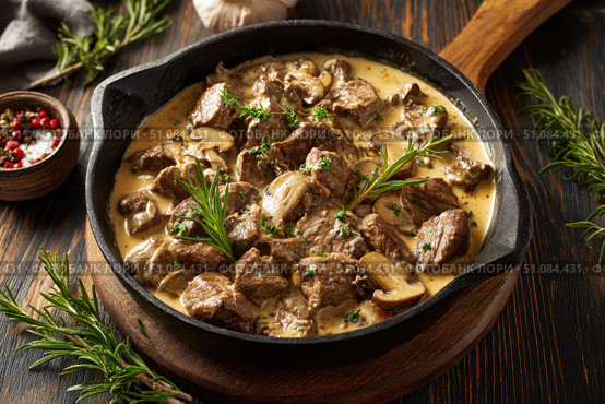Meat and mushrooms. Dish of stir-fried beef fillet and mushrooms in a creamy thick sauce, served on an iron plate on a wooden board, close-up view. Gourmet food. Beef stroganoff large pieces. Stir Fry. Стоковое AI-изображение, AI-художник Марина Демидюк / Фотобанк Лори