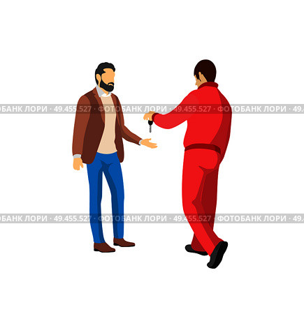 Mechanic in red overalls giving key from vehicle colorful vector illustration isolated on white background, bearded owner of car dressed brown jacket. Mechanic in Red Overalls Giving Key from Vehicle. Стоковая иллюстрация, агентство Ingram Publishing / Фотобанк Лори