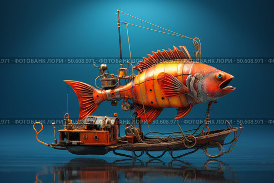 Mechanical fish pulling steampunk boat on blue background. Стоковое AI-изображение, AI-художник Иван Рябоконь / Фотобанк Лори