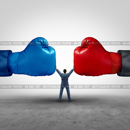 Mediate and legal mediation business concept as a businessman or person separating two boxing glove opposing competitors as an arbitration success symbol for finding common interests to lawfully solve a conflict. Стоковое фото, агентство Ingram Publishing / Фотобанк Лори