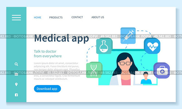 Medical app for treatment talk to doctor from anywhere. Healthcare technology for wireless device and consultation with nurse online. Website or landing page template, web page flat style vector. Consultation with Doctor Online Medical App Vector. Стоковая иллюстрация, агентство Ingram Publishing / Фотобанк Лори