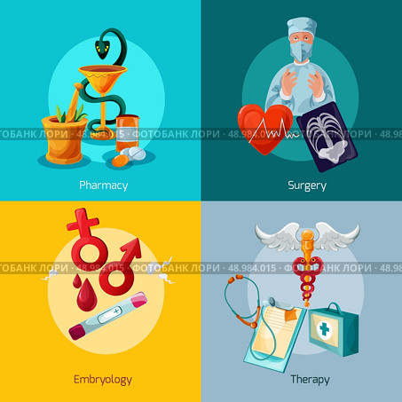 Medical design concept set with pharmacy surgery embryology therapy icons isolated vector illustration. Стоковая иллюстрация, агентство Ingram Publishing / Фотобанк Лори