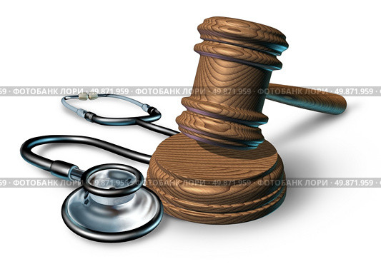 Medical malpractice and the legal proceedings in a work injury concept with a stethoscope and a judge gavel or mallet as a symbol of financial insurance law  issues in health care and medicine on white. Стоковое фото, агентство Ingram Publishing / Фотобанк Лори