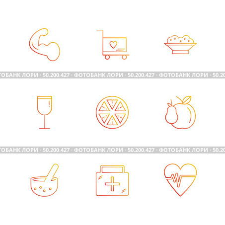 medical ,orange , cart , breifcase ,medical , ecg , glass , fruits , health , fitness , medical  , dollar,  lock , heart , ecg , pear , kifdnet , beans , medicine , plants , nature , icon, vector, design,  flat,  collection, style, creative,  icons. Стоковая иллюстрация, агентство Ingram Publishing / Фотобанк Лори