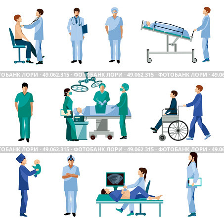 Medical professional people flat icons set. Medical professionals at work in operation room flat icons set with obstetrician surgeon abstract isolated vector illustration. Стоковая иллюстрация, агентство Ingram Publishing / Фотобанк Лори