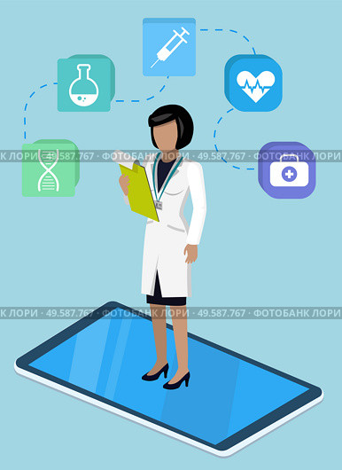 Medical program innovation technology with doctor female and treatment icon. Modern communication with medical app or laboratory online. Woman diagnosing disease in tablet wireless device vector. Medical App with Doctor Female in Phone Vector. Стоковая иллюстрация, агентство Ingram Publishing / Фотобанк Лори