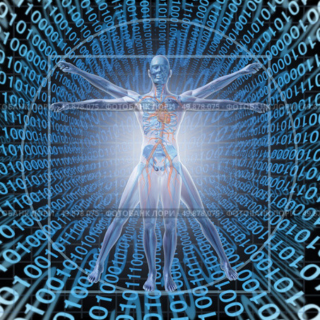Medical Records Technology with a vitruvian man over a background of digital binary code as a health care symbol of electronic data storage at a central server network available in the cloud for a hospital or clinic patient convenience. Стоковое фото, агентство Ingram Publishing / Фотобанк Лори
