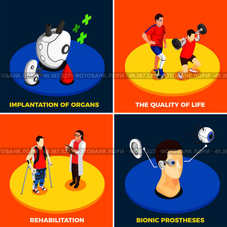 Medical technology 2x2 design concept with implantation of organs bionic prosthesis life quality and rehabilitation isometric square icons vector illustration  . Medical Technology 2x2 Design Concept . Стоковая иллюстрация, агентство Ingram Publishing / Фотобанк Лори