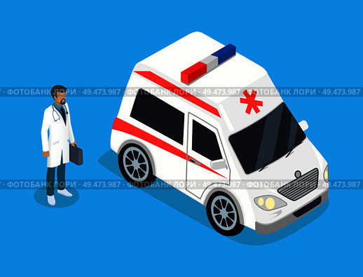 Medical worker run to ambulance car or lorry vector isometric icon. Ambulanceman or paramedic in white coat with first aid kit for emergency poster.. Paramedic with Medicine Kit and Ambulance Car. Стоковая иллюстрация, агентство Ingram Publishing / Фотобанк Лори