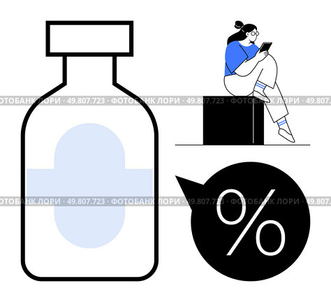 Medicine bottle next to person using tablet seated on block and percentage symbol in speech bubble. Ideal for healthcare, pharmacy, dosage tracking, medical research, patient care, pharmaceutical. Person Using Tablet with Medicine Bottle and Percentage Symbol for Healthcare Analysis. Стоковая иллюстрация, агентство Ingram Publishing / Фотобанк Лори