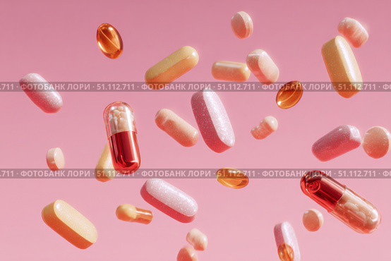 Medicine Pills on Pink Background. Medicinal Capsules and Tablets for Health. Vitamin and health supplement, colorful pills various types multivitamins and tablets. Antiviral, pharmaceutical products. Стоковое AI-изображение, AI-художник Марина Демидюк / Фотобанк Лори