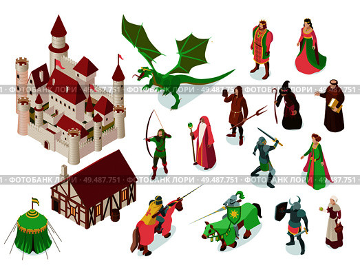 Medieval fairy tale isometric set with royal castle knights priest witch and dragon isolated vector illustration. Стоковая иллюстрация, агентство Ingram Publishing / Фотобанк Лори