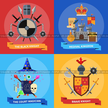 Medieval kingdom armored knights warriors and court magician 4 flat icons square banner abstract isolated vector illustration. Knights concept 4 flat icons square. Стоковая иллюстрация, агентство Ingram Publishing / Фотобанк Лори