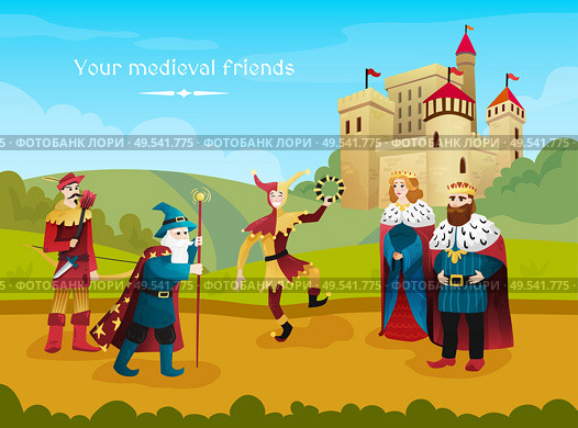Medieval kingdom flat composition with royal couple jester magician archer outdoor with castle on background vector illustration. Стоковая иллюстрация, агентство Ingram Publishing / Фотобанк Лори