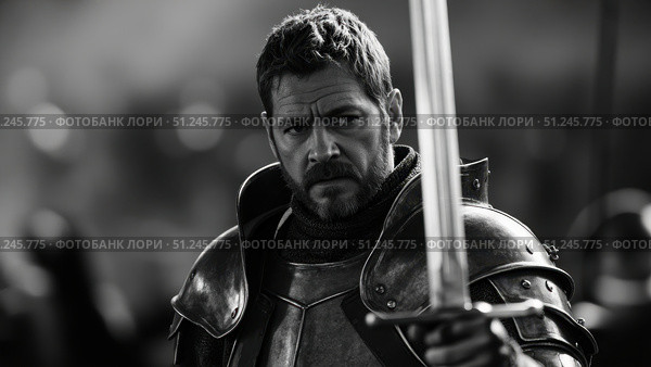 Medieval knight holding sword in black and white portrait. Стоковое фото, фотограф David Kashakhi / Фотобанк Лори