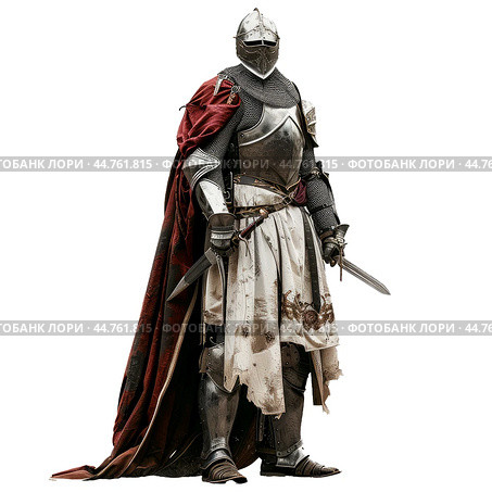 Medieval knight wearing helmet and chain mail holding sword. Стоковое AI-изображение, AI-художник Иван Рябоконь / Фотобанк Лори