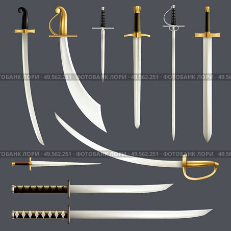 Medieval swords blades shapes edges curvatures varieties knife dagger weapon set honor authority symbol realistic vector illustration. Стоковая иллюстрация, агентство Ingram Publishing / Фотобанк Лори