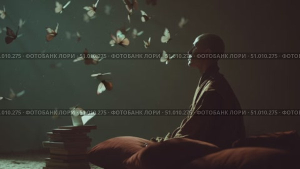 Meditating monk surrounded by butterflies in a serene indoor setting at dusk. Стоковое AI-видео, аниматор Сергей Толмачёв / Фотобанк Лори