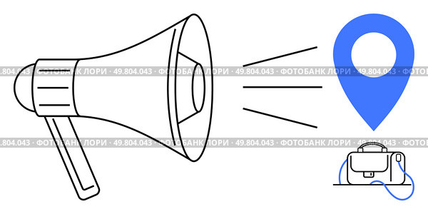 Megaphone directing sound waves toward a blue location marker and a wired electronic device. Ideal for marketing, advertising, GPS navigation, branding, communication, public announcements. Megaphone Announcing Location Marker with Wired Device - Concept of Promotion and Communication. Стоковая иллюстрация, агентство Ingram Publishing / Фотобанк Лори