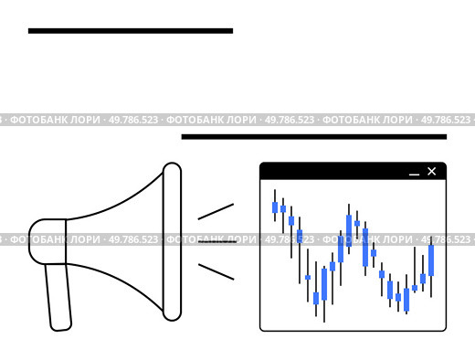 Megaphone emitting sound waves leading to a financial chart with blue candles illustrating data. Ideal for market analysis, financial updates, communication, promotions, trading signals, business. Megaphone with Sound Waves Projecting Financial Chart Shows Market Analysis and Communication. Стоковая иллюстрация, агентство Ingram Publishing / Фотобанк Лори