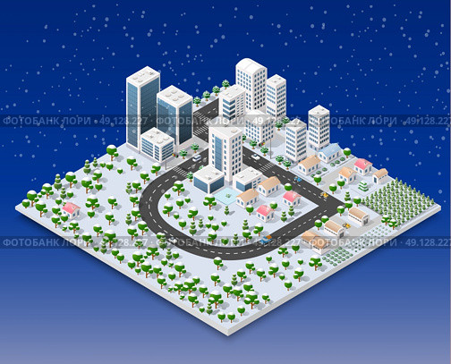 Megapolis 3d isometric three-dimensional view of the city. Collection of houses, skyscrapers, buildings, built and supermarkets with streets and traffic. The stock vector. Стоковая иллюстрация, агентство Ingram Publishing / Фотобанк Лори