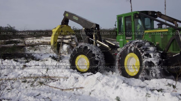 Механизированная вырубка леса. Трелевочный трактор John Deere 748H в работе. Mechanized felling clearing. John Deere 748H skidder at work. (2020 год). Редакционное видео, видеограф Евгений Романов / Фотобанк Лори