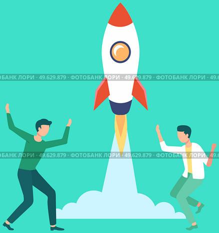 Men launch aircraft into space. Rocket takes off and leaves cloud. Guy are rejoicing at successful flight. Rocket flies into sky and releases fire. Male characters celebrate launch vector illustration. Guy are rejoicing at successful flight. Men launch aircraft into space. Rocket takes off from ground. Стоковая иллюстрация, агентство Ingram Publishing / Фотобанк Лори
