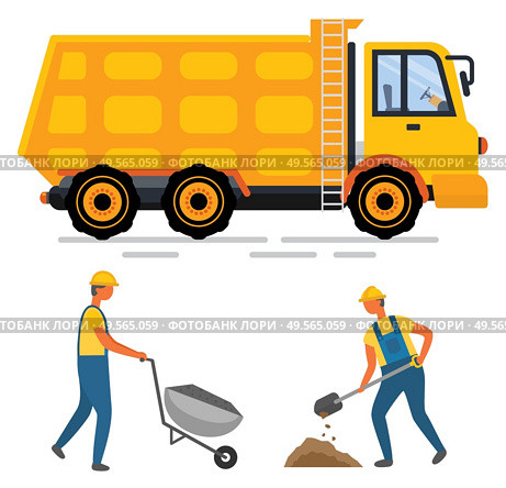 Men wearing helmet working with shovel and wheelbarrow, worker and roadwork. Side view of yellow truck, construction equipment, transportation vector. Truck and Wheelbarrow, Worker Digging, Auto Vector. Стоковая иллюстрация, агентство Ingram Publishing / Фотобанк Лори