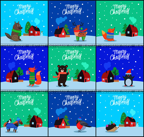 Merry Christmas bear with candy and fox with present set of posters with greeting text vector. Wolf and reindeer, penguin wearing Santa Claus hat. Merry Christmas Bear Fox with Present Set Vector. Стоковая иллюстрация, агентство Ingram Publishing / Фотобанк Лори