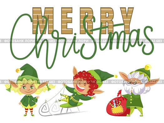 Merry christmas greeting card. Isolated dwarf with bag of candies wearing beard, kid riding on sledges. Blond child standing still. Calligraphic inscription and Santa Claus helpers, vector in flat. Merry Christmas Elves with Presents, Kid on Sled. Стоковая иллюстрация, агентство Ingram Publishing / Фотобанк Лори