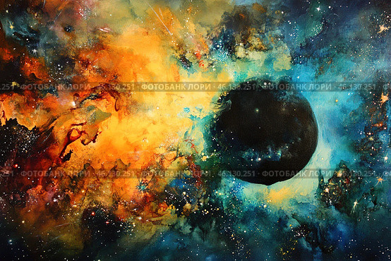 Mesmerizing depiction of a black hole in the cosmos, surrounded by vibrant colors and swirling patterns, illustrating the immense gravitational pull and energy of this astronomical phenomenon. Стоковое AI-изображение, AI-художник Ольга Ильина / Фотобанк Лори