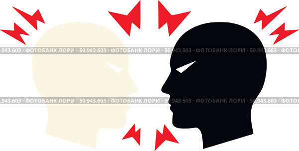 Метафора ядовитого общения и острых конфликтов между коллегами. Две головы в профиль с колкими словами символизируют агрессивное общение и взаимные обвинения. Стоковое AI-изображение, AI-художник Ирина Першина / Фотобанк Лори