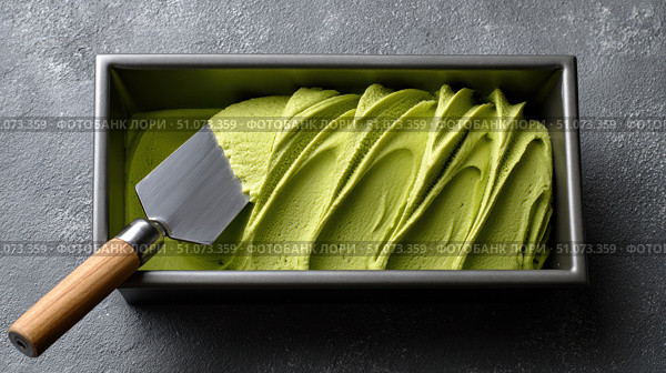 Metal spatula scooping pistachio or matcha ice cream from a container. Стоковое AI-изображение, AI-художник Юрий Поздников / Фотобанк Лори