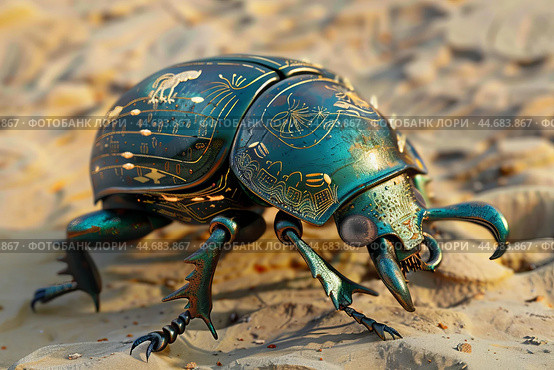 Metallic green scarab beetle walking on sand with hieroglyphics design. Стоковое AI-изображение, AI-художник Иван Рябоконь / Фотобанк Лори