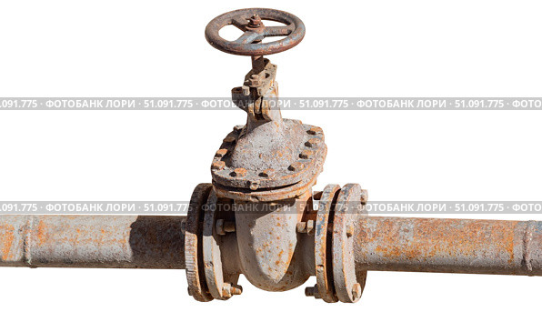 Металлические кран и труба на белом фоне. Old metal pipe with valve on white background. Стоковое фото, фотограф Татьяна Д / Фотобанк Лори
